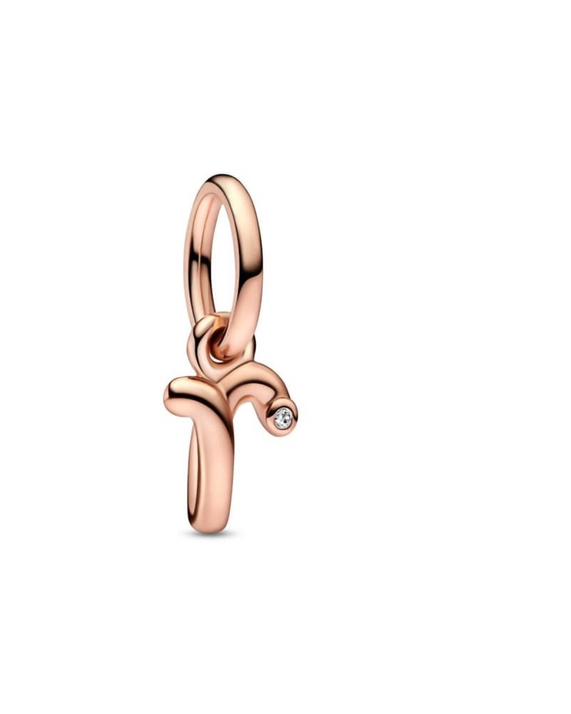Front of a size O/S Letter R Script Alphabet Dangle Charm in Rose Gold in Rose Gold by Pandora. | dia_product_style_image_id:329612